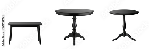 Elegant black round pedestal dining table with wooden top in a modern minimalist home interior design setting  The table is the focal point of the room surrounded by minimal decor and furnishings