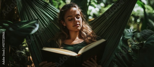 Young woman reading a book in a hammock, surrounded by greenery 