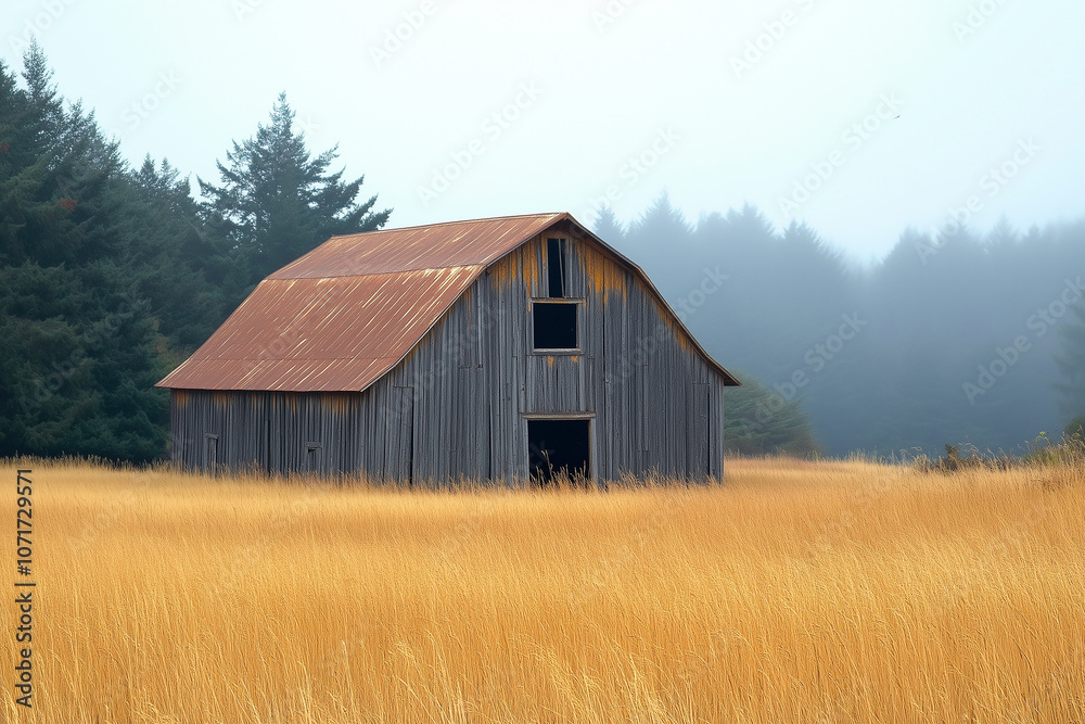 Obraz premium A beautiful rustic barn situated in a golden field beneath a clear and sunny sky. Generative AI