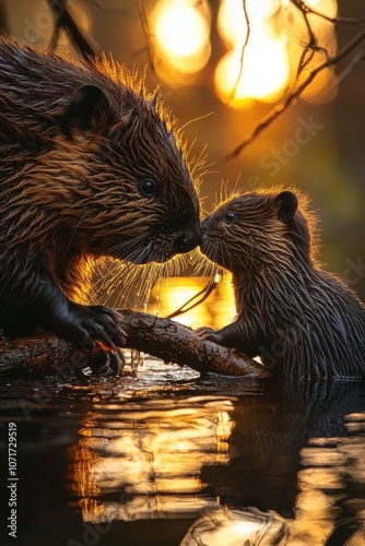 Motherly Guidance Amidst Golden Woodland Waterscape Serenity