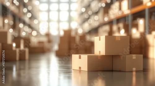 Light brown cardboard boxes stacked in a warehouse with a blurred background, an online shopping concept, with copy space for text and web banner design. 