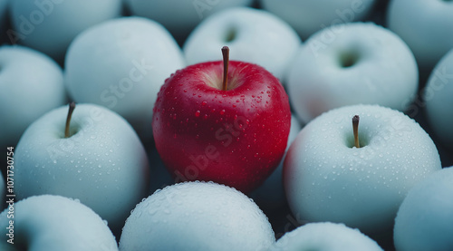 A single red apple nestled among an abundance of white apples, symbolizing the concept of standing out from your competition. photo