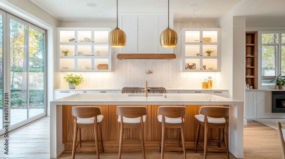 custom made wallpaper toronto digitalScandinavian luxury kitchen with natural wood finishes, white cabinetry, and soft lighting 