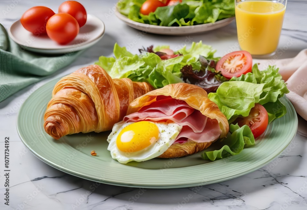 A close-up of a croissant with ham, eggs, and salad on a green plate on a marble table background