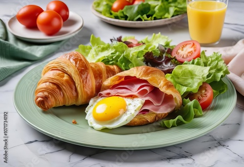 Obraz na płótnie A close-up of a croissant with ham, eggs, and salad on a green plate on a marble table background w salonie