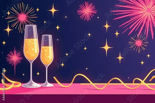 Celebrate in Style with Sparkling Champagne Flutes and Fireworks against a Dark Blue Night Sky, Perfect for New Year's Eve or Special Occasions photo