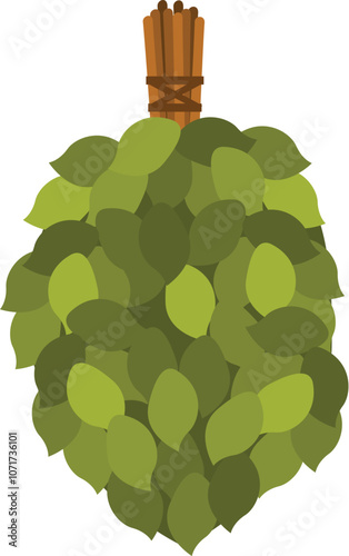 Traditional bath broom made of green leaves, tied with rope and hanging to dry, representing a key element of sauna culture