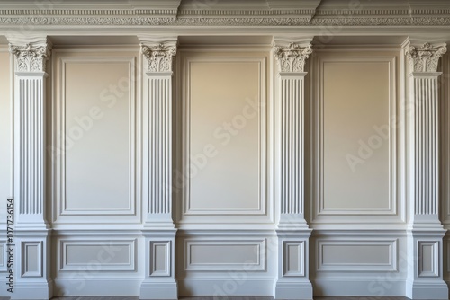 Elegant white wall with pilasters and molding, perfect for showcasing your artwork or products. Classic style, symmetrical design, and a neutral background offer a timeless and sophisticated backdrop.