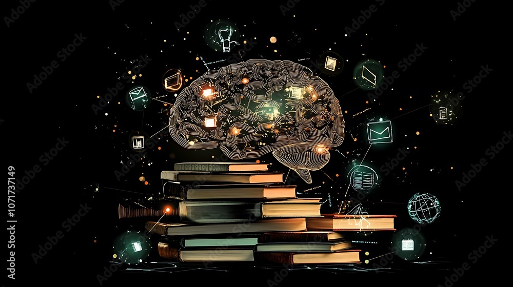 Obraz premium Digital brain surrounded by books and illuminated data symbols, signifying the technological revolution in education
