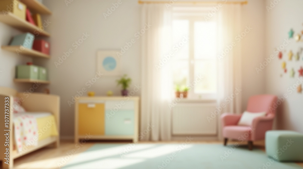 Fototapeta premium Blurred image of a bright children's room with colorful tones and sunlight from the window