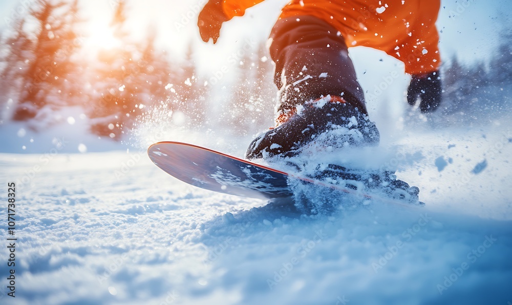 Fototapeta premium A snowboarder carving through fresh snow in a winter landscape.