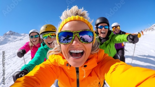 Group of people are skiing and smiling, with one woman wearing a yellow jacket and sunglasses. Scene is cheerful and fun, as the group of friends enjoy their time on the slopes together