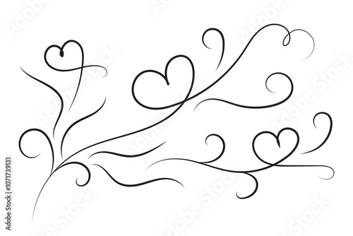 Filigree curly Calligraphic Heart, Fancy Line hearts Flourishes Swirls, curve romantic love ornate, Valentine's Day fancy flourish Swirl, Calligraphy Flourish lettering header hearts scroll

