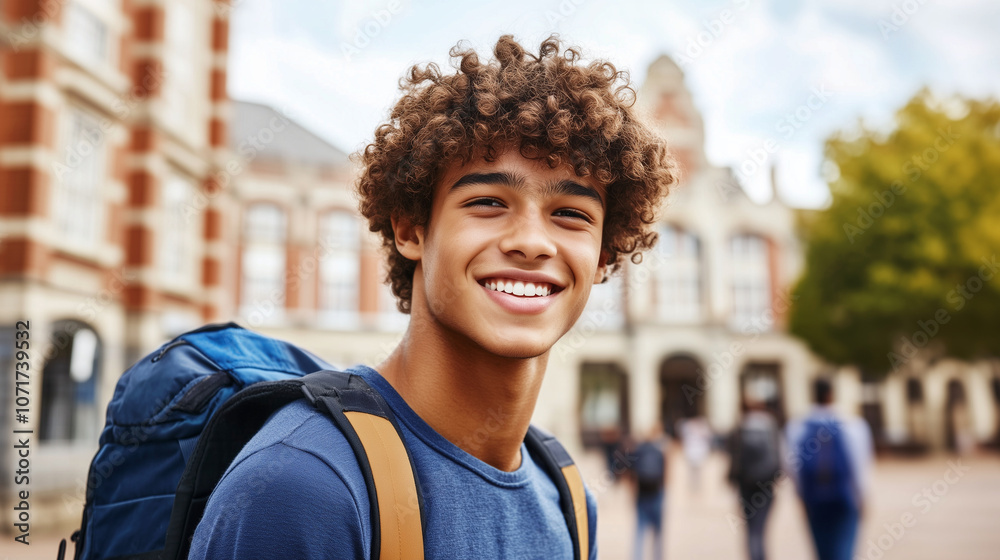 Naklejka premium Smiling mixed-race young man with curly hair, backpack on his shoulder, radiating optimism and enthusiasm as a foreign exchange student experiencing the adventure of studying abroad