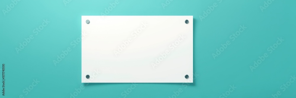 A blank, white sign hangs on a turquoise wall, ready for a message A blank, white sign hangs on a turquoise wall, ready for a message