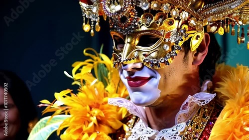  Ornate carnival performer with jeweled mask and vibrant costume