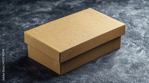 Blank mockup of brown cardboard box on a dark textured background . photo