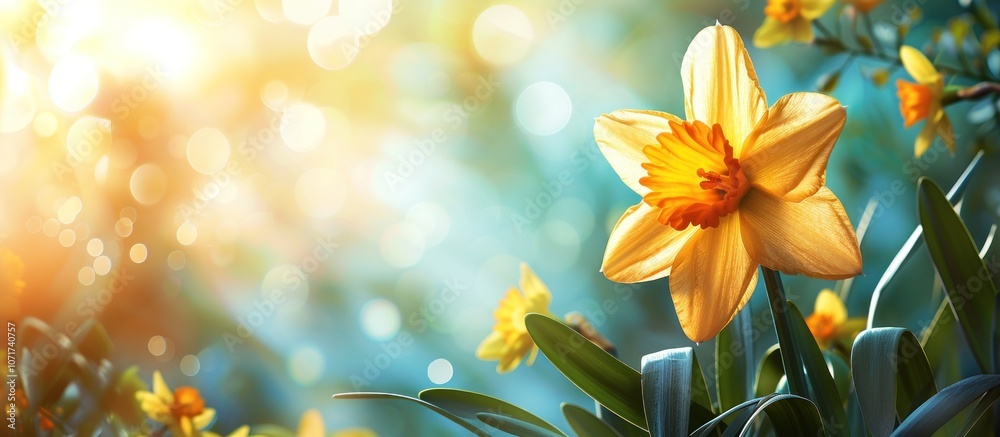 Fototapeta premium A single daffodil in bloom with a sunlit background.