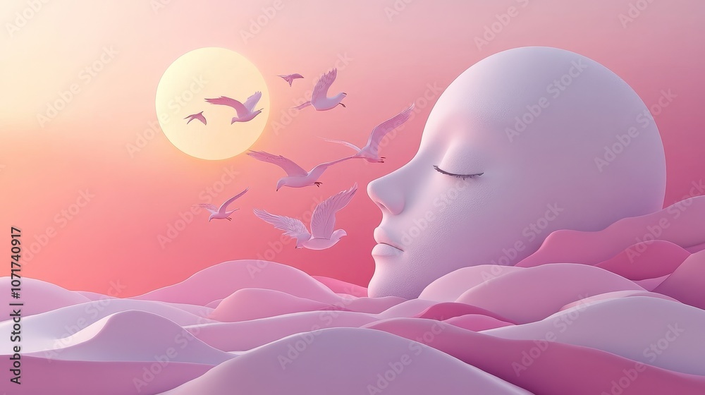 A serene landscape with a peaceful face emerging from soft, pink waves, symbolizing mental health, tranquility, support, and hope. A serene landscape with a peaceful face emerging from soft, pink waves, symbolizing mental health, tranquility, support, and hope.