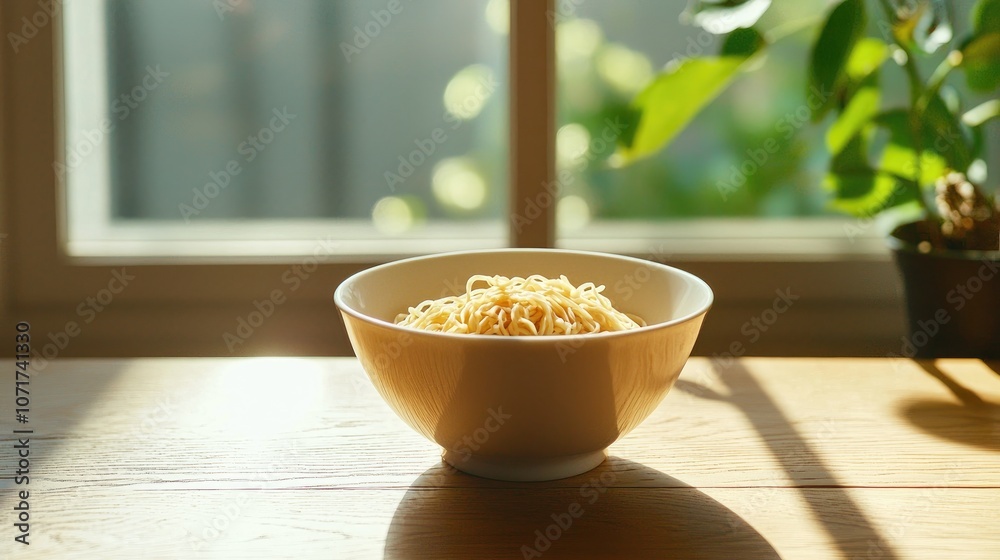 A Bowl of Steaming Noodles on a Wooden Table by Sunlit Window with Green Plant in Background, Evoking Warmth and Comfort in Home Cooking Atmosphere A Bowl of Steaming Noodles on a Wooden Table by Sunlit Window with Green Plant in Background, Evoking Warmth and Comfort in Home Cooking Atmosphere