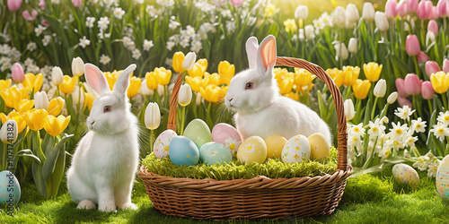 Easter Bunnies with Basket of Eggs in Spring Flowers