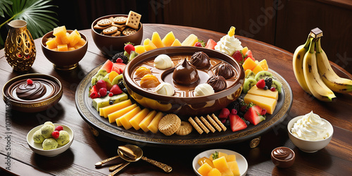 Delicious Chocolate Fondue with Fruit  Cheese  and Cookies