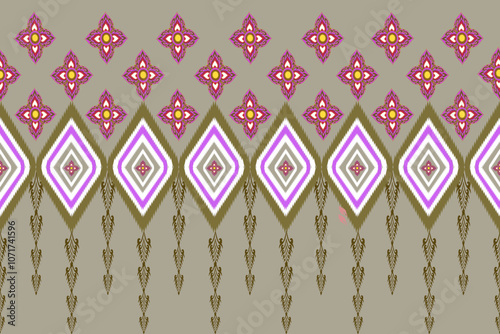Fabric pattern, geometric triangle seamless and gmk color background, vector illustration, sarong border