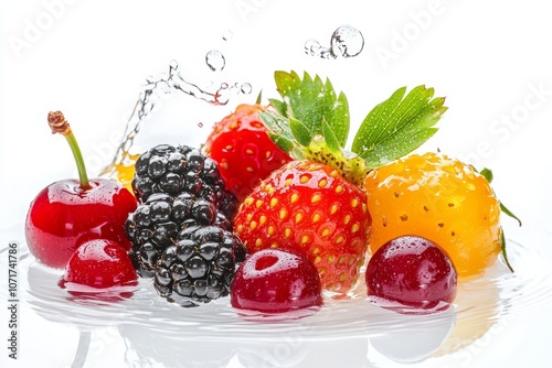 A captivating image showcasing a delightful assortment of fresh fruits - cherries, strawberries, blackberries, and a juicy orange - immersed in a refreshing splash of water. This vibrant composition s photo