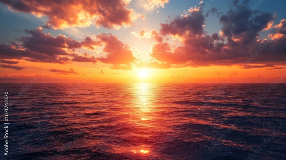 Fototapeta premium A fiery sunset over the vast ocean with dramatic clouds.