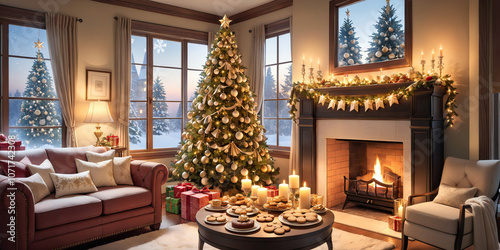 Cozy Christmas Living Room with Fireplace  Decorated Tree  and Gifts