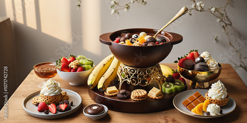 Delicious Chocolate Fondue with Fruit  Whipped Cream  and Cookies on a Wooden Table