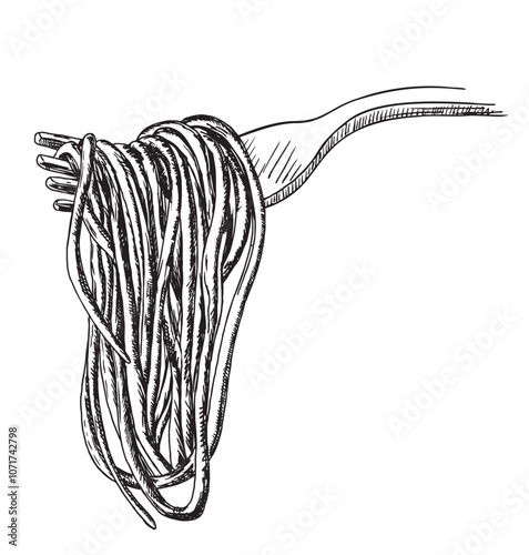 Spaghetti on fork. engraving vintage color and black hand drawn illustration isolated on white background. Italian food sketch elements