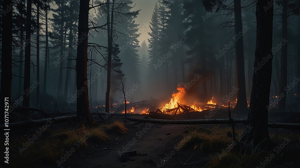 Fiery Scene in a Smoky Forest Fiery Scene in a Smoky Forest