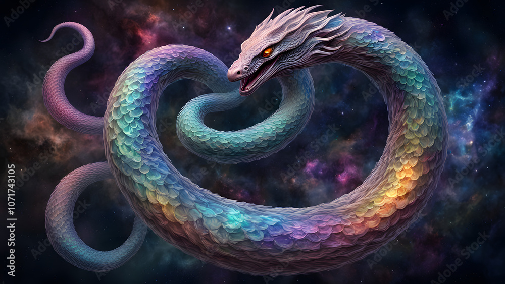 Elestial serpent a swirling cosmic serpent with scales of holographic colors, Ai Generated Elestial serpent a swirling cosmic serpent with scales of holographic colors, Ai Generated