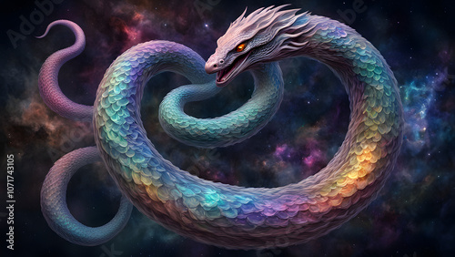 Elestial serpent a swirling cosmic serpent with scales of holographic colors, Ai Generated