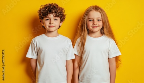 Blank mockup of two kids in white t shirts on a yellow background .