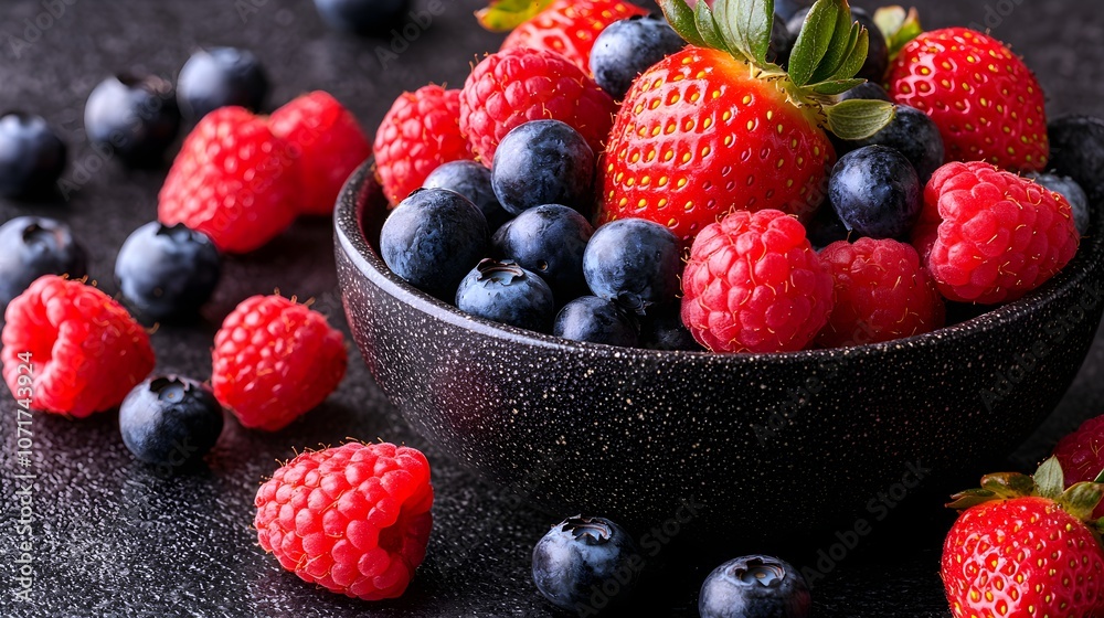 Fresh berries in a black bowl on a textured surface Fresh berries in a black bowl on a textured surface