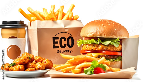 Delivery food eco packaging with burger and french fries, coffee isolated on white background. Fast food concept. pub appetizers such as chicken wings, onion rings and pub appetizers suHealthy homem photo