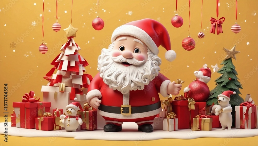 santa claus and christmas gifts isolated on yellow background santa claus and christmas gifts isolated on yellow background