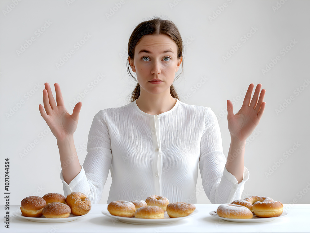 Woman deciding between two plates of donuts, showing a gesture of hesitation or refusal in a minimalistic setting Woman deciding between two plates of donuts, showing a gesture of hesitation or refusal in a minimalistic setting