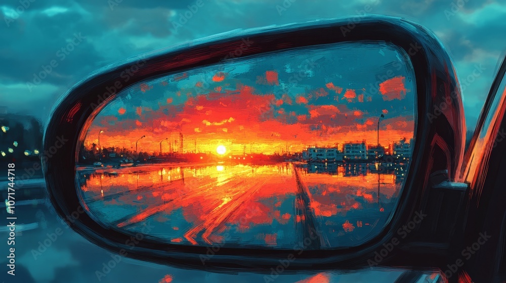 The sunset reflects on the side mirror of the car, capturing the vivid colors of the sky and evoking tranquility, travel, and dusk scenery, suitable for car, nature, and travel themed concepts. The sunset reflects on the side mirror of the car, capturing the vivid colors of the sky and evoking tranquility, travel, and dusk scenery, suitable for car, nature, and travel themed concepts.