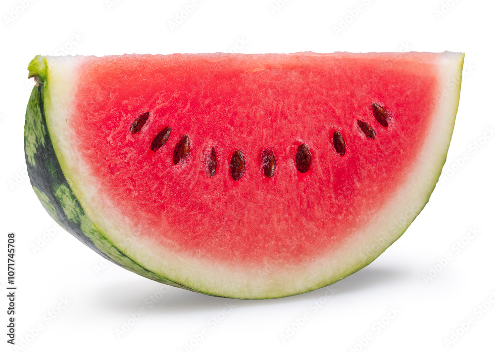 Watermelon slice with seeds isolated on white background. Clipping path.