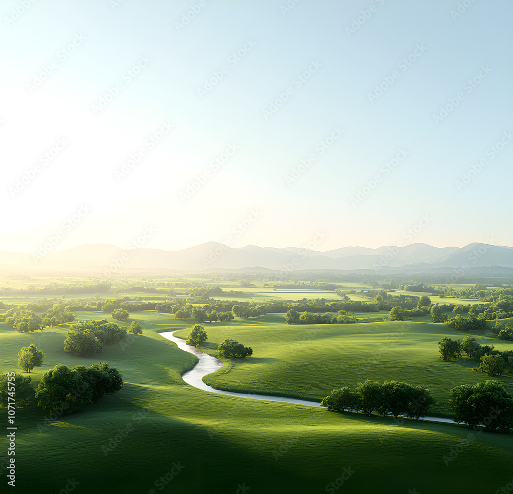 Serene landscape with rolling hills and a winding river Serene landscape with rolling hills and a winding river