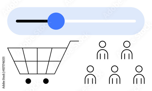 Shopping cart and six customer icons with an adjustable slider bar for customization. Ideal for e-commerce, marketing, customer segmentation, personalization, user experience, settings adjustment