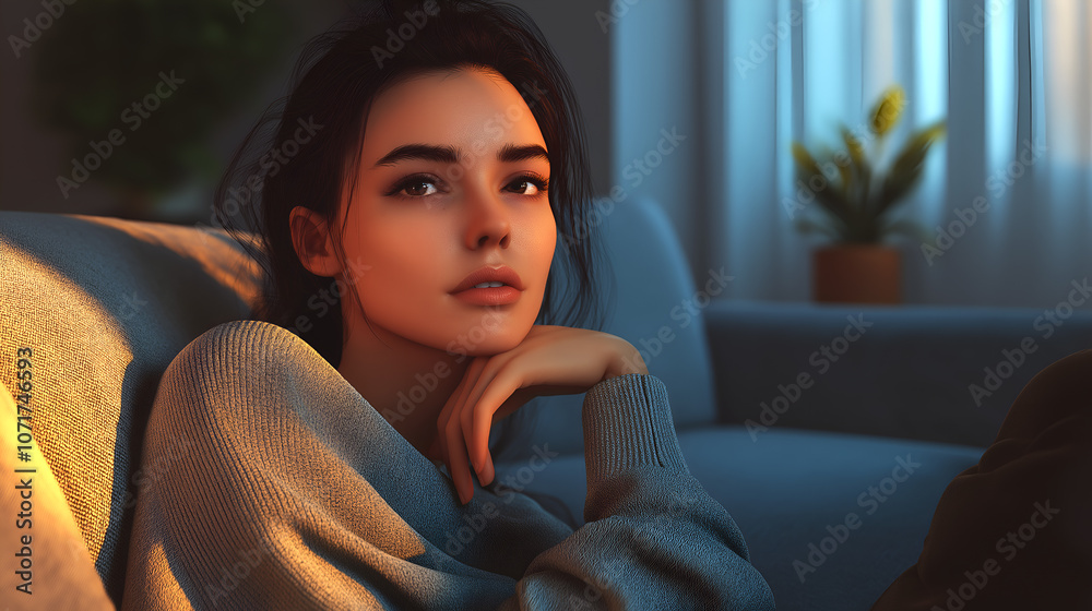 Fototapeta premium Young woman sitting thoughtfully on a couch, illuminated by soft evening light, lost in contemplation in a cozy living room