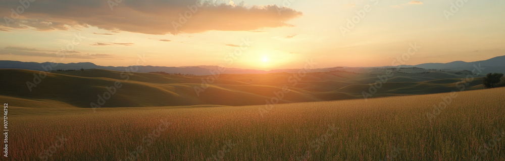 Golden sunset over rolling hills with a field of grass in the foreground, showcasing a peaceful and serene landscape. The sun creates a warm glow that illuminates the scene, representing hope, tranqui Golden sunset over rolling hills with a field of grass in the foreground, showcasing a peaceful and serene landscape. The sun creates a warm glow that illuminates the scene, representing hope, tranqui