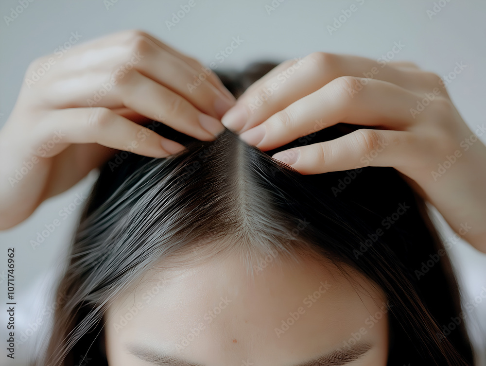 Naklejka premium Close-up of hands inspecting and parting hair to address hair thinning or scalp issues, focusing on a beauty routine for self-care