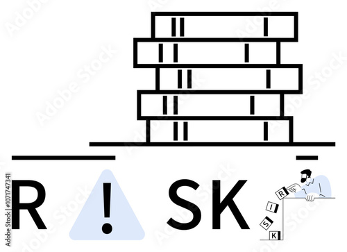 Stacked blocks illustrate risk with an exclamation mark warning sign. Man carefully arranging letters R, I, S, K. Ideal for business strategy, risk management, uncertainty, caution balance crisis