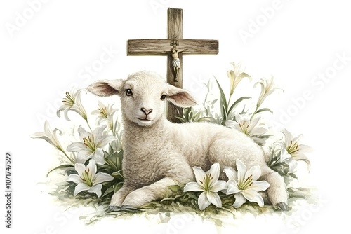 A lamb is laying in a field of flowers next to a cross