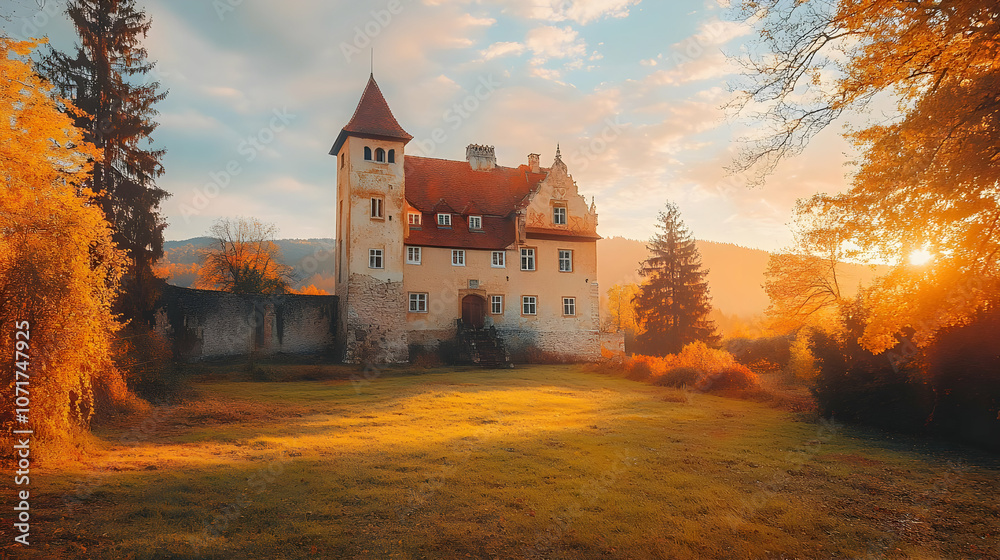 Obraz premium A Stone Castle Stands Tall Among Autumn Foliage, Bathed in the Golden Glow of Sunset
